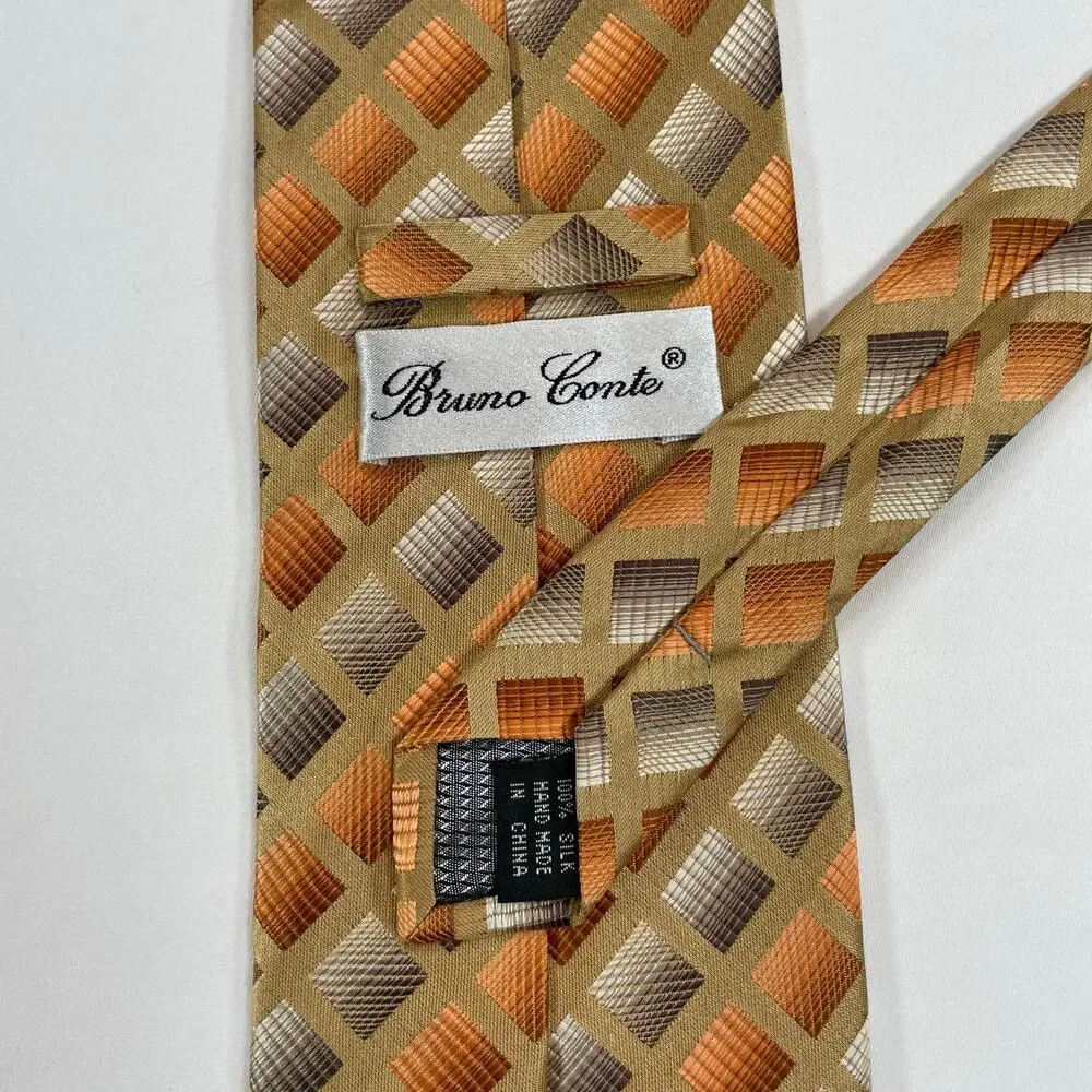 Vintage Bruno Conte Silk Necktie Geometric Check Tan Gold Orange Brown Mens 4
